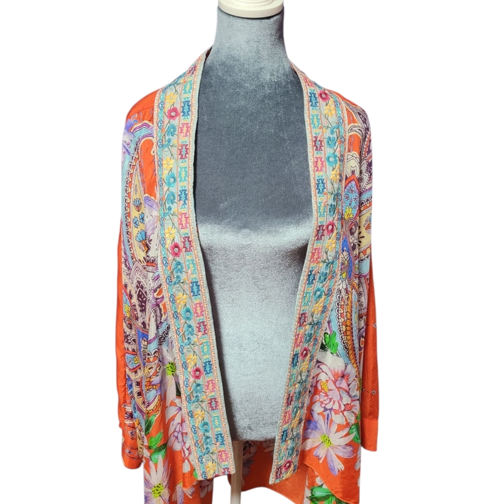 Johnny Was orange and blue embroidered Silk Kimono Sz XL
